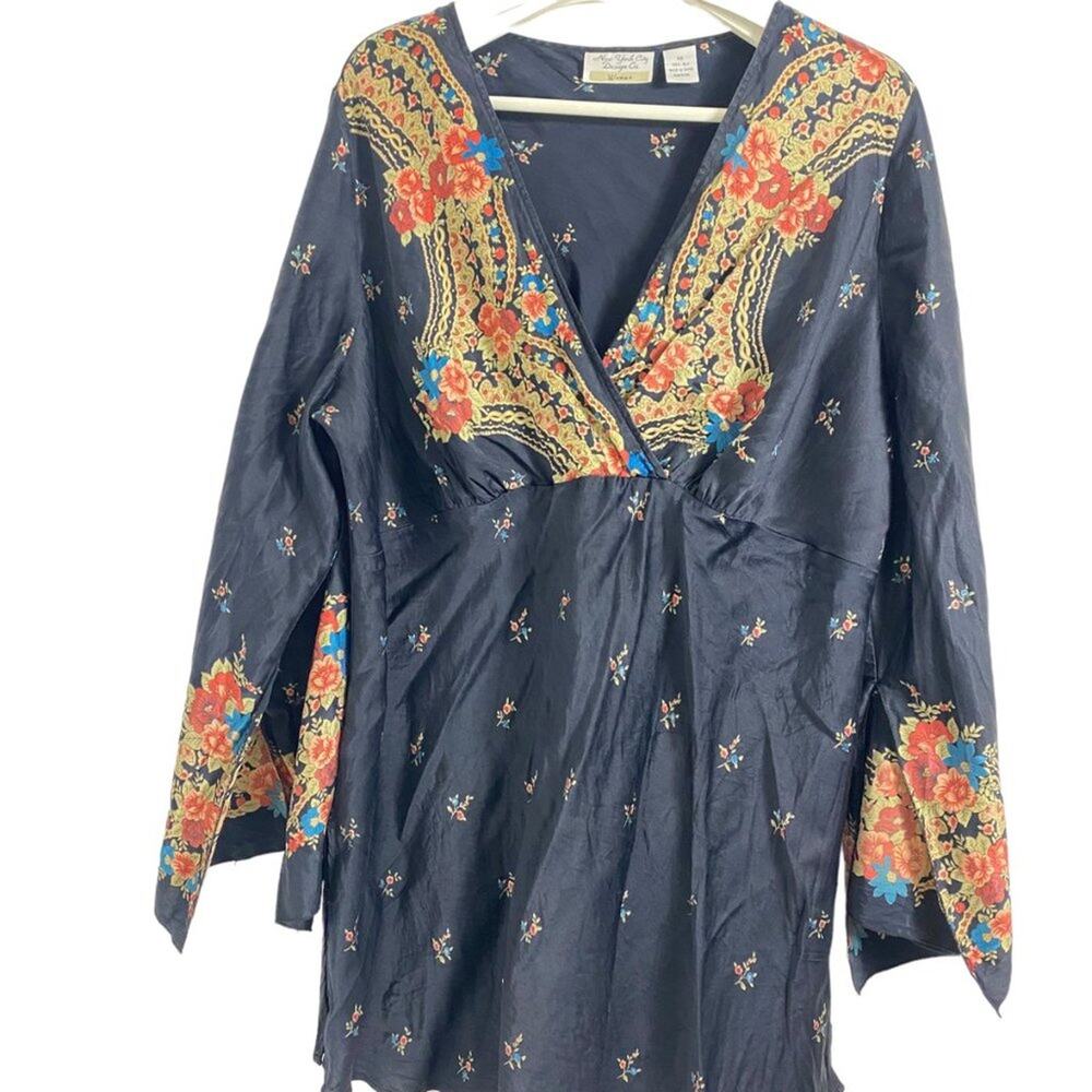 NYC Design Boho Hippie Peasant Festival  100% Silk Blouse Top  3x